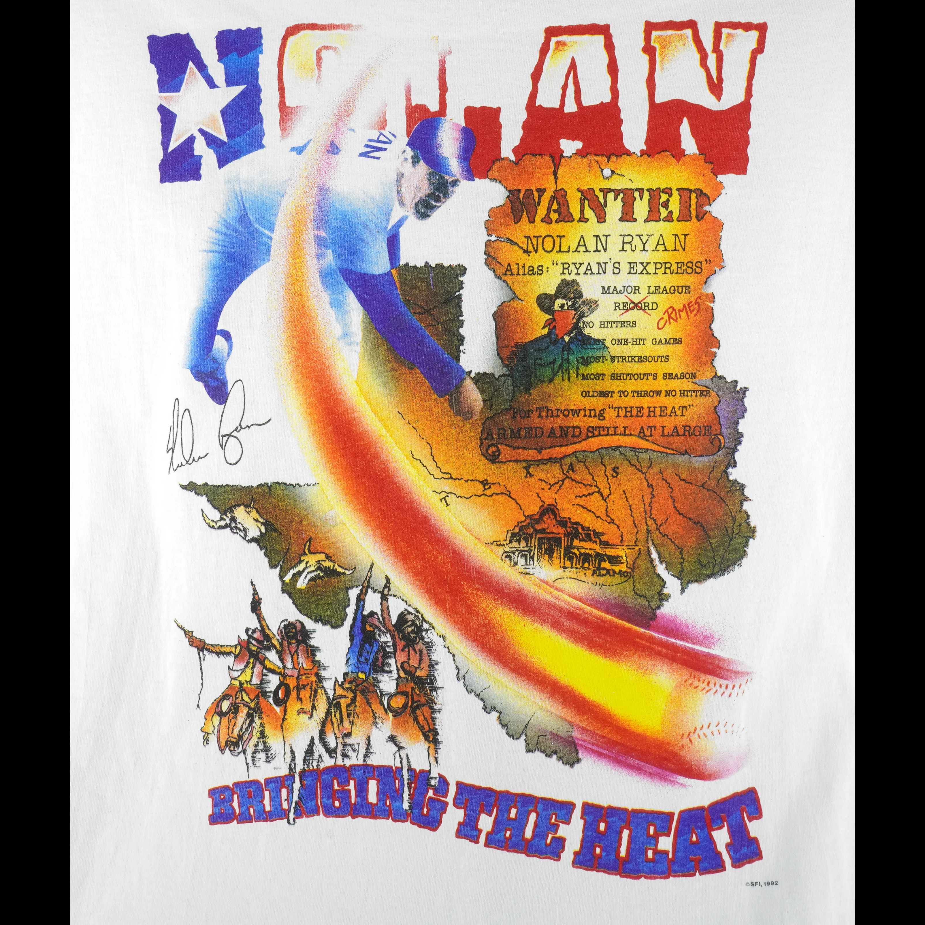 MLB - Texas Rangers Nolan Ryan Bringing The Heat Autographed T-Shirt 1992 X-Large - Image 3