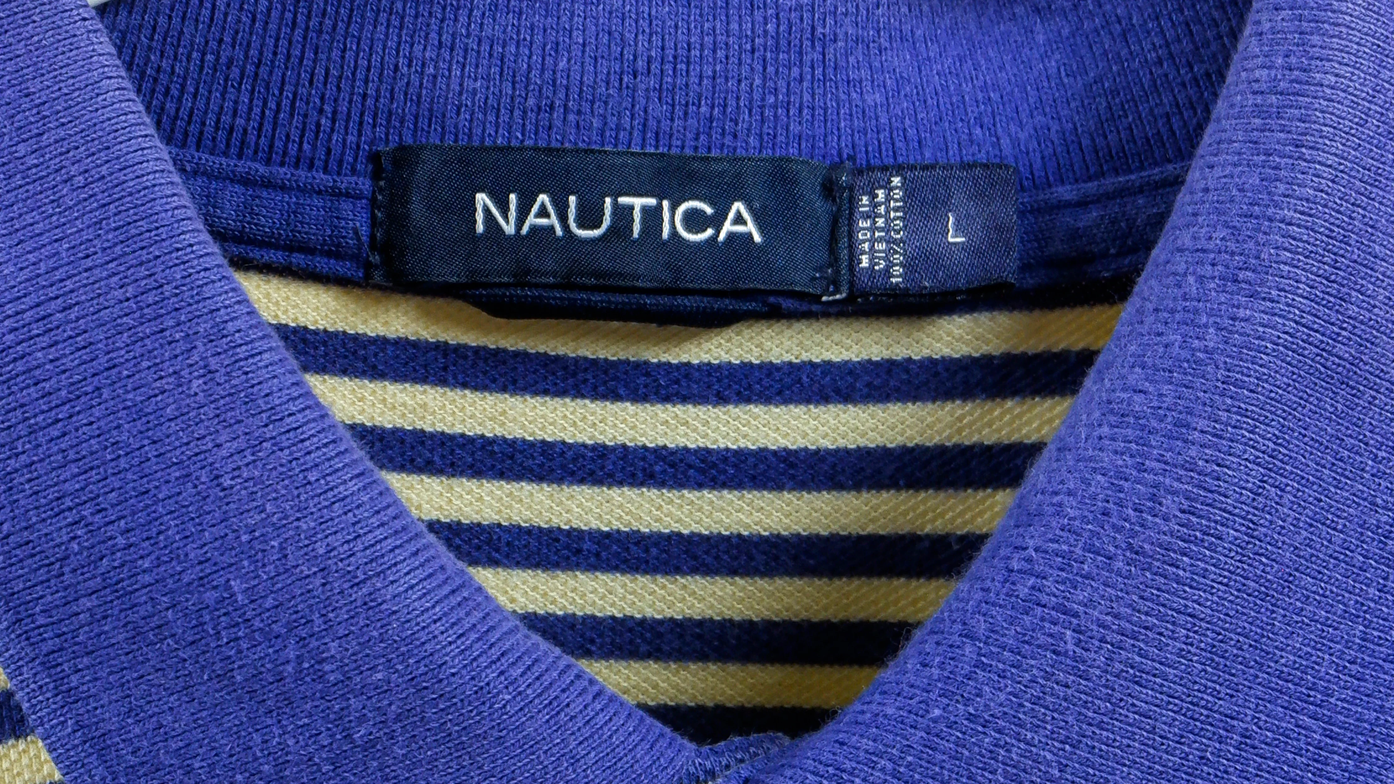 Nautica - Blue & Yellow Striped Polo T-Shirt 1990s Large - Image 3