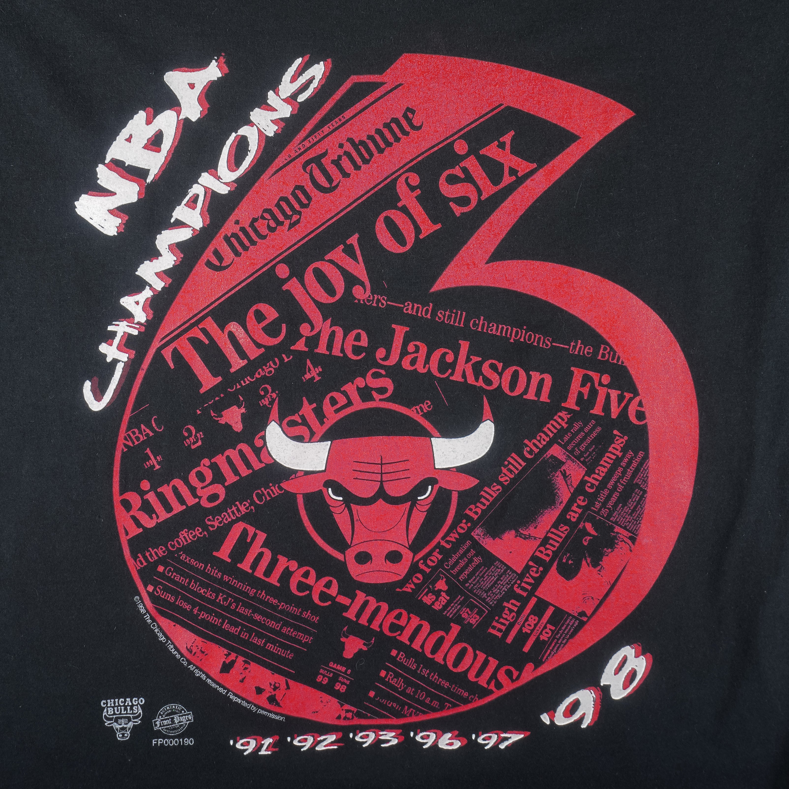 NBA (Front Pages) - Chicago Bulls 6 Time Champions T-Shirt 1998 XX-Large - Image 3