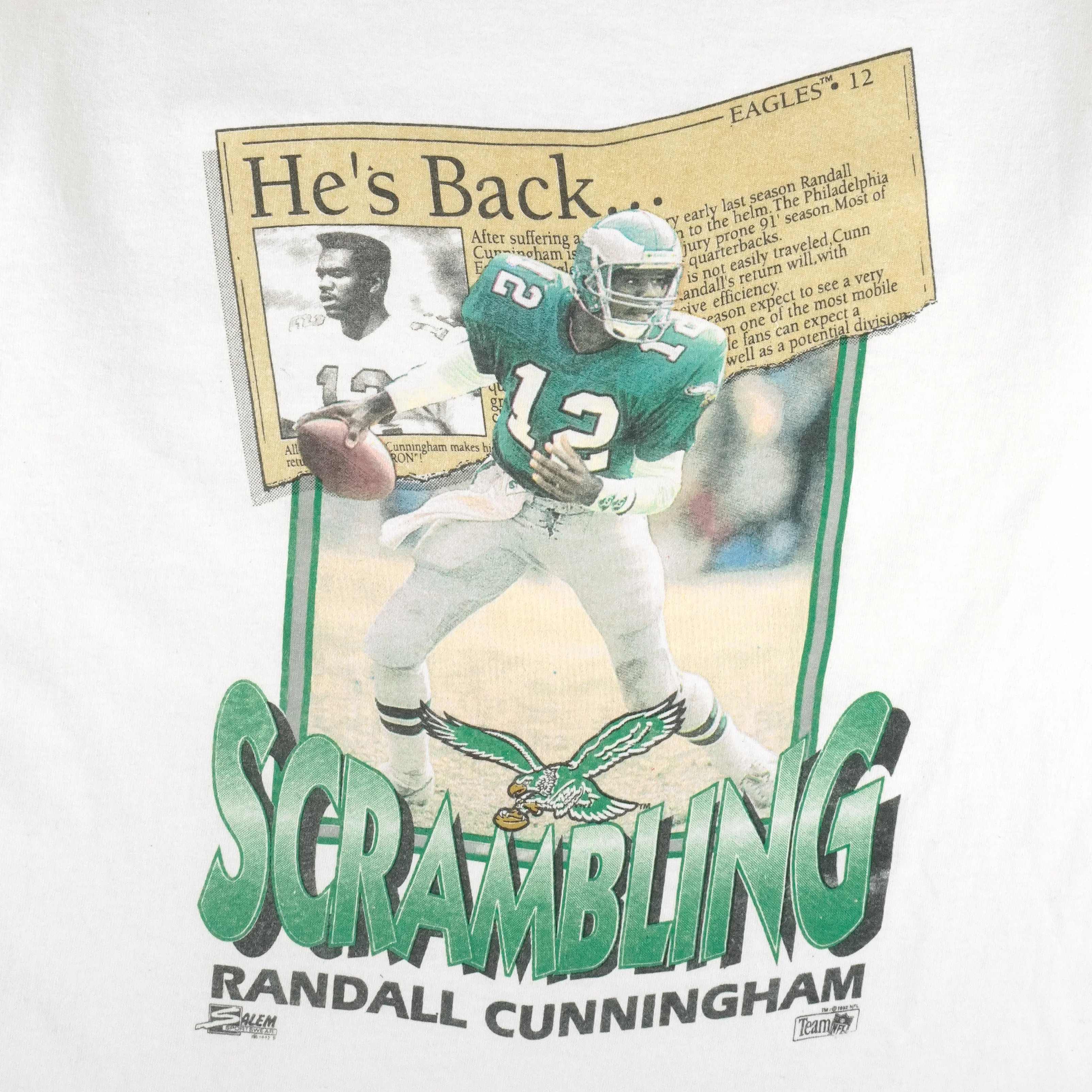 NFL (Salem) - Philadelphia Eagles Scrambling, Randall Cunningham T-Shirt 1992 Large - Image 3