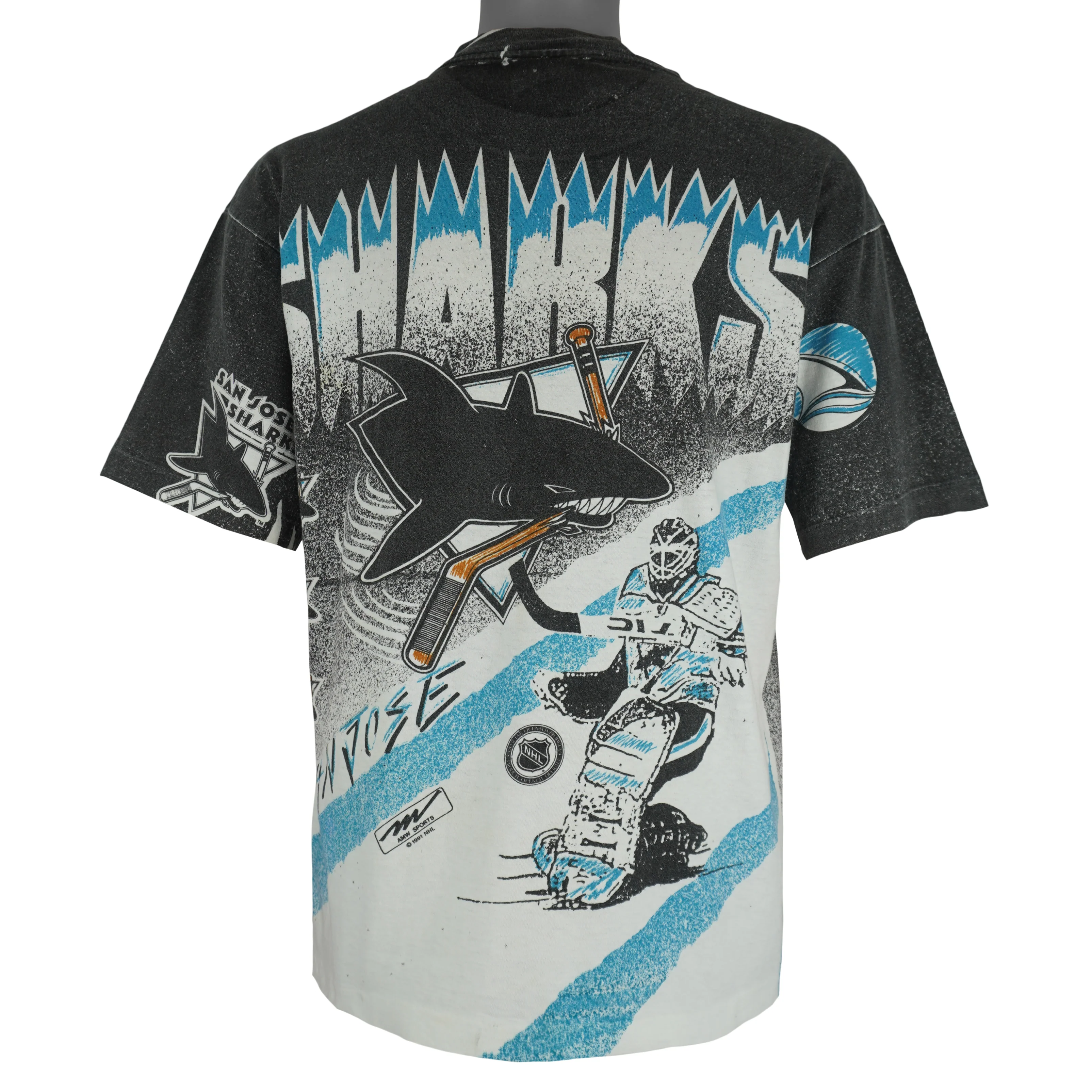 NHL (AMW Sports) - San Jose Sharks All Over Print T-Shirt 1991 Large - Image 2
