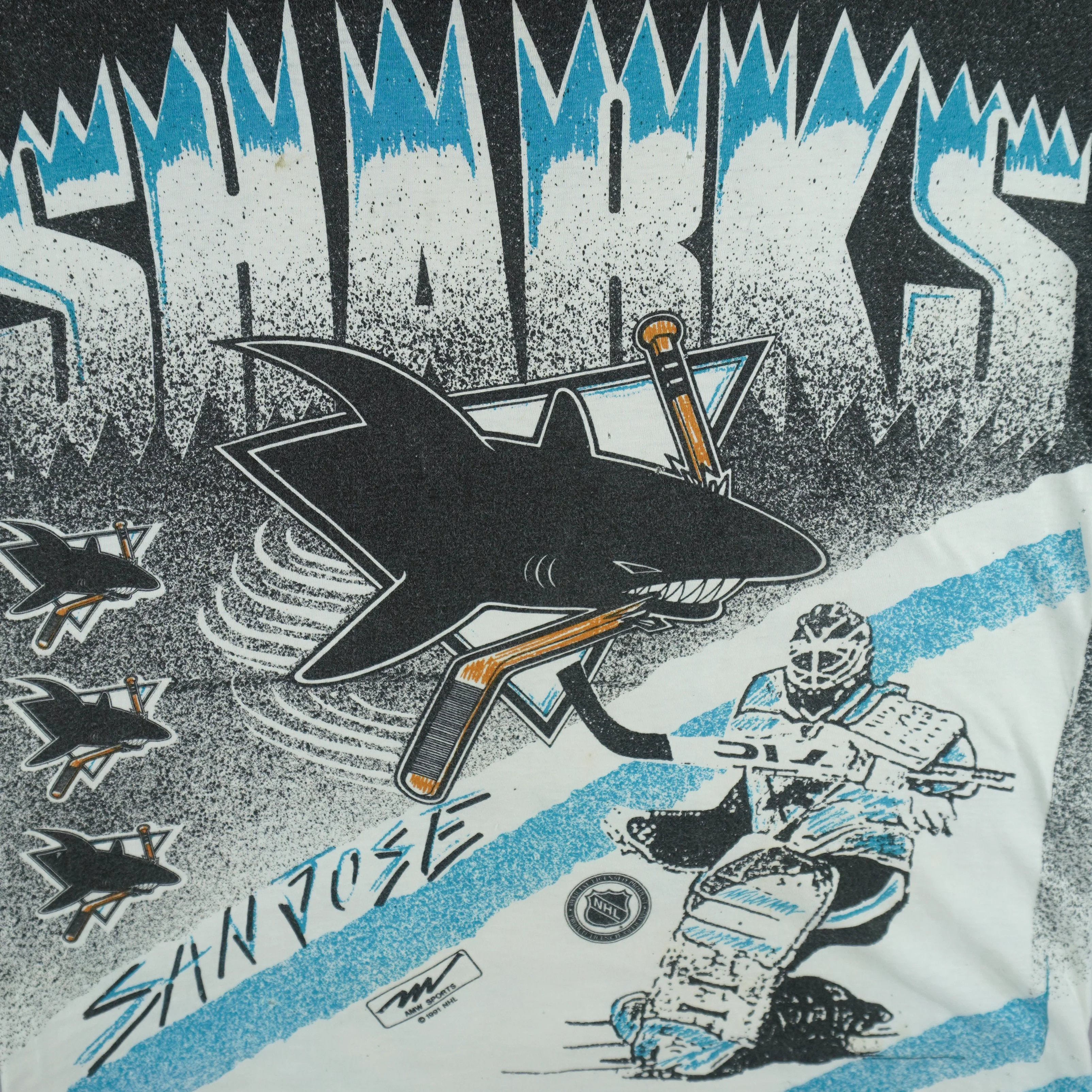 NHL (AMW Sports) - San Jose Sharks All Over Print T-Shirt 1991 Large - Image 3