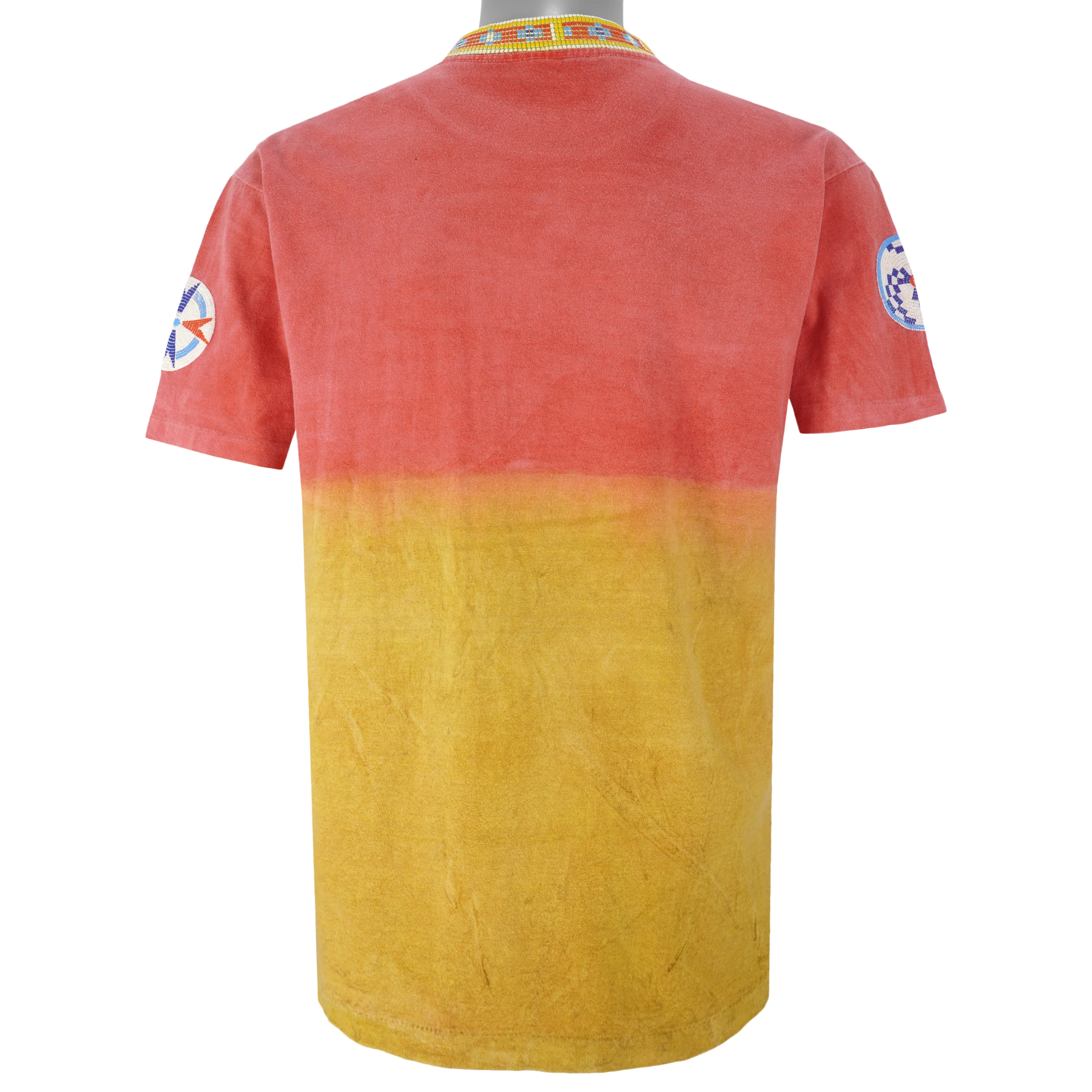 Vintage (Factory Artwear) - Pink & Yellow Native American Aztec T-Shirt 1990s Large - Image 2