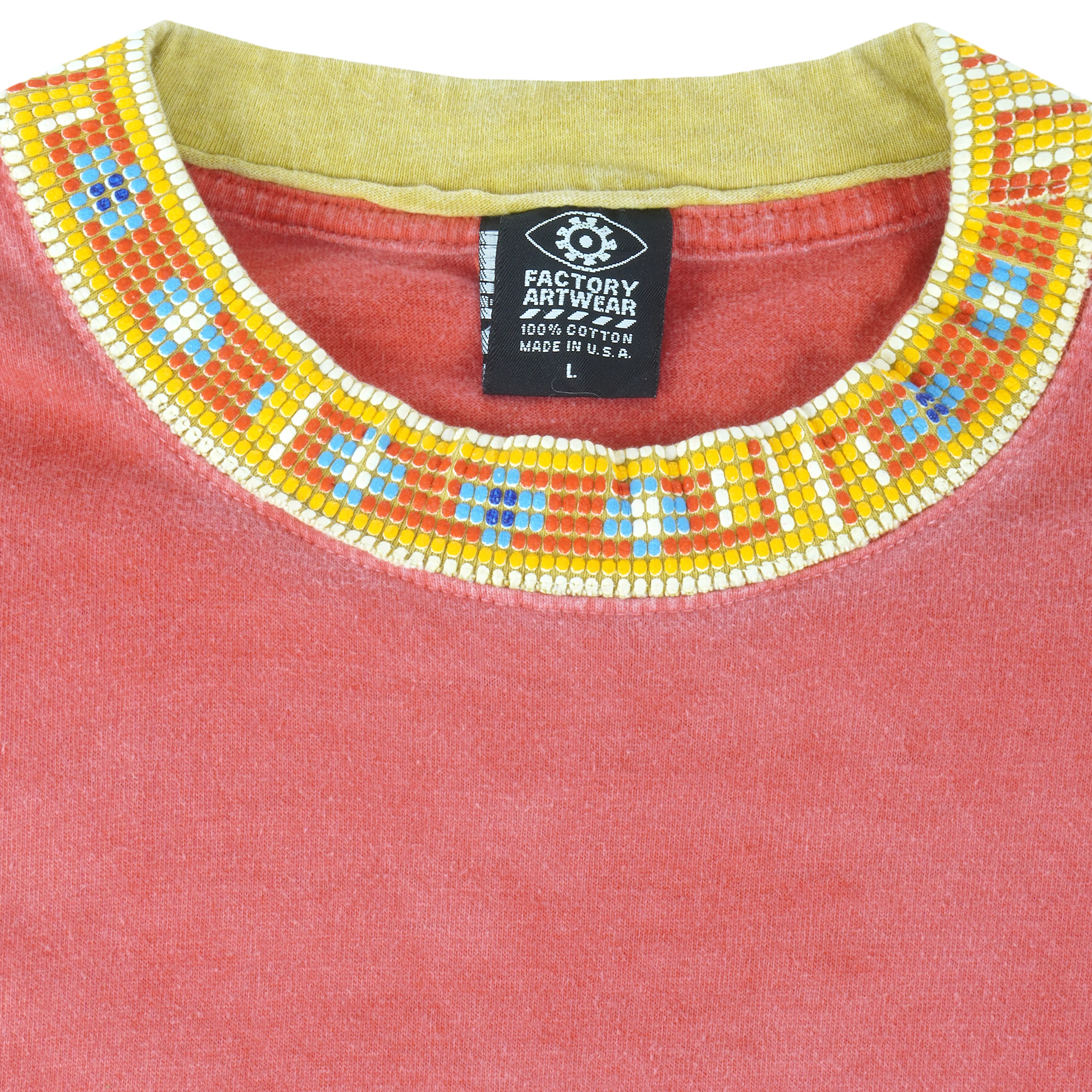 Vintage (Factory Artwear) - Pink & Yellow Native American Aztec T-Shirt 1990s Large - Image 4