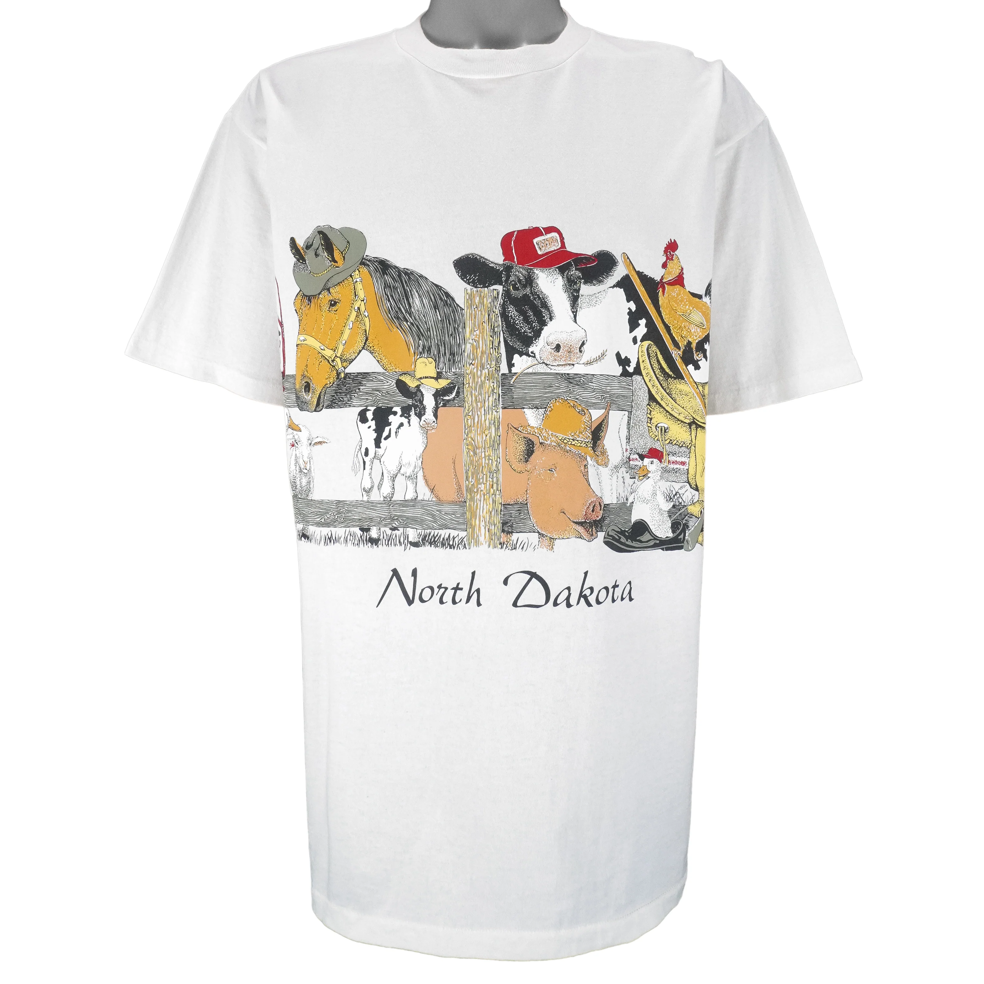 Vintage (Oneita) - North Dakota Farming Animal Print T-Shirt 1990s X-Large