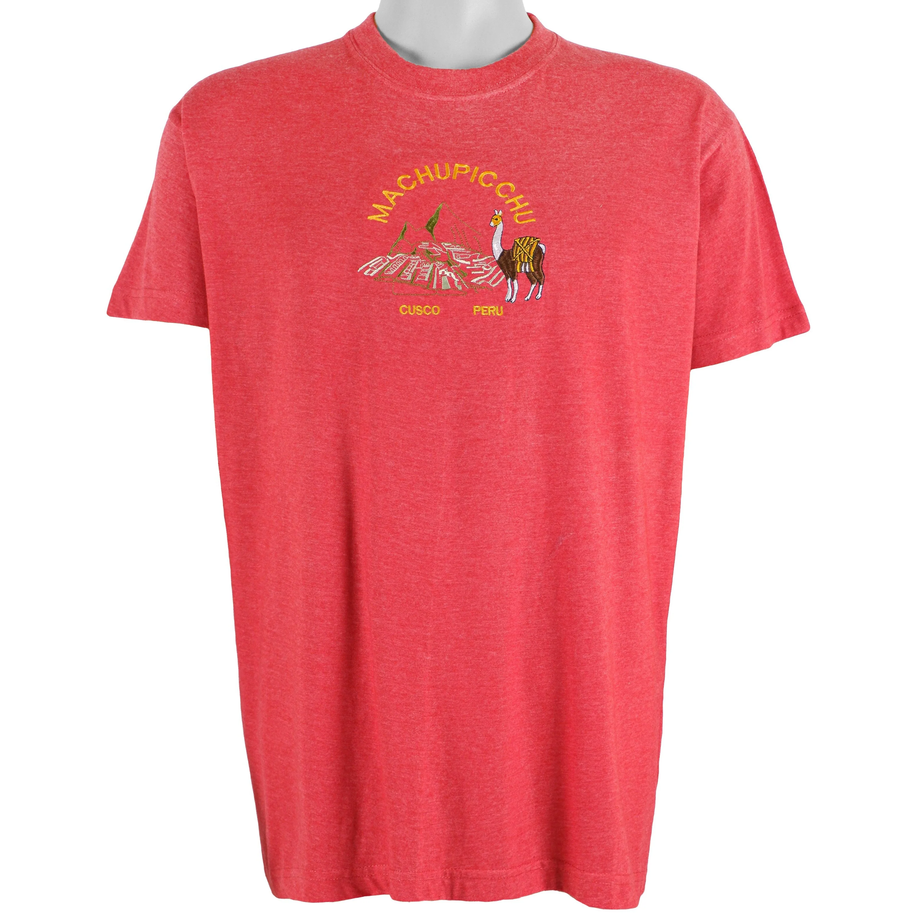Vintage (Manco Arts) - Red Machu Picchu, Cusco Peru Embroidered T-Shirt 1990s Large